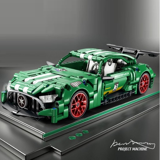 bouwblokjes groene sportwagen, gebaseerd op de Mercedes AMG, 456 blokjes, met pull-back motor, compatible met LEGO