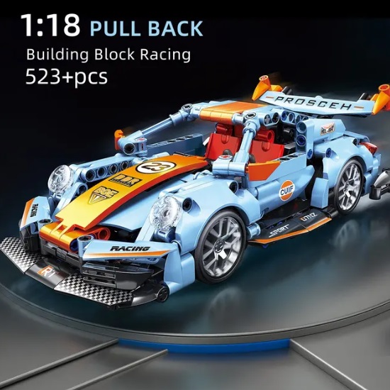 bouwpakket bouwsteentjes blauw-oranje sportauto, compatible met Lego, 523 blokjes