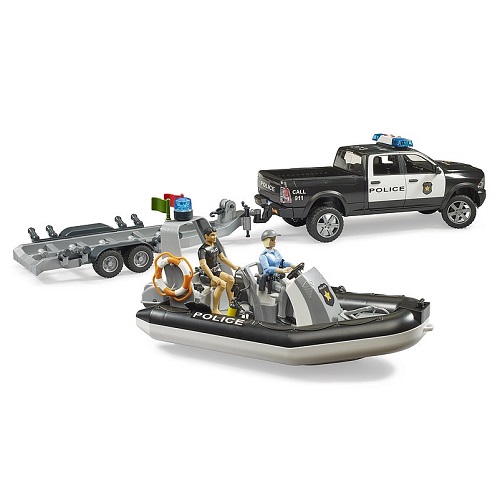 Bruder RAM 2500 police truck with boat + trailer + 2 figures