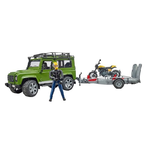 Bruder Land Rover Station Wagon with trailer, Ducati Scrambler and driver