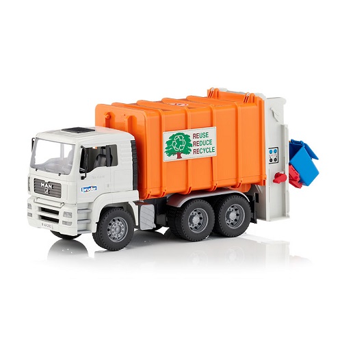 Bruder MAN TGA garbage truck with rear loader and 2 garbage cans (new 2023)