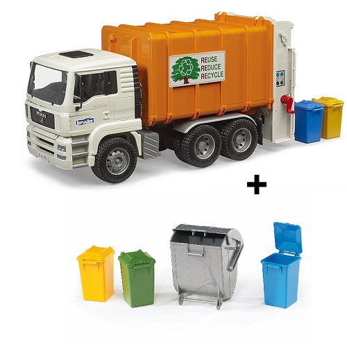 Bruder 27722607 Bruder MAN TGA vuilniswagen met twee vuilcontainers (02772) en extra containerset (02607) aanbieding