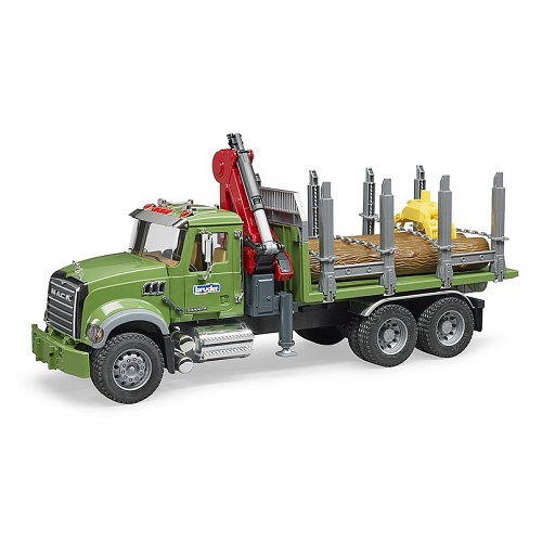 Bruder 02824 vrachtwagen Mack Granite houttransportwagen met kraan en 3 boomstammen 