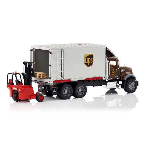 bruder Bruder 02828 camion Mack Granite UPS logistique + chariot élévateur et deux palettes