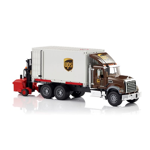 Bruder 02828 vrachtwagen Mack Granite UPS logistiektruck + vorkheftruck en twee pallets