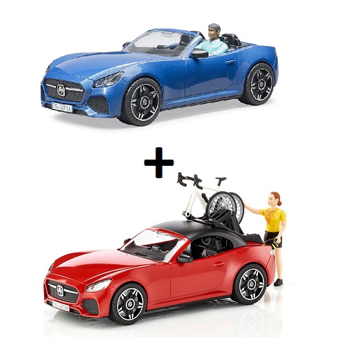 Super combi: 2 Bruder sportwagens met speelfiguren en wielrenfiets (aanbieding)