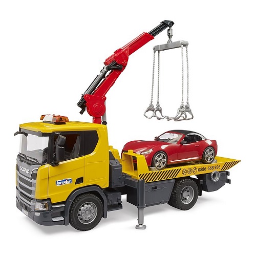 Bruder Camion Bruder 03552 - Dépanneuse Bruder Scania Super 560R avec grue et voiture de sport roadster