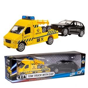 Toy tow truck and car, with pull-back motor and siren