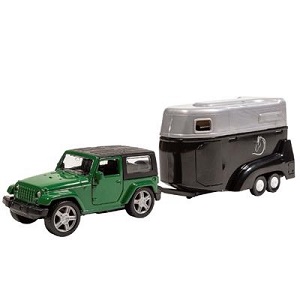 Toy jeep with pull-back engine and horse trailer