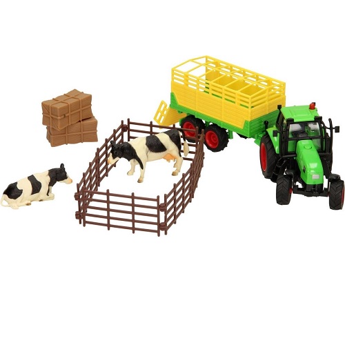 Kids Globe Kids Globe 510727 Ensemble de ferme avec tracteur et remorque, vaches, clôtures et deux balles