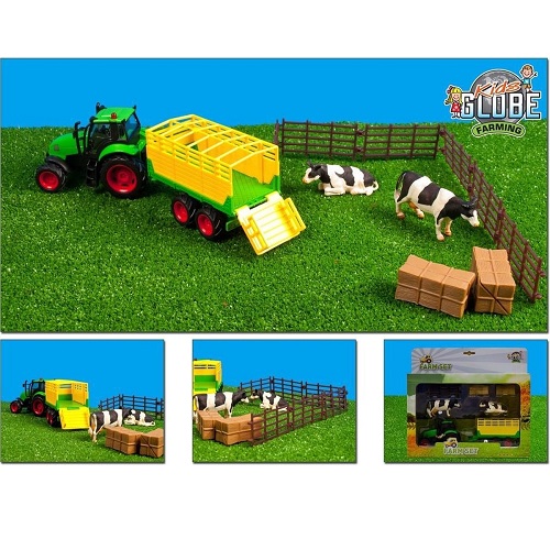 Kids Globe Kids Globe 510727 Ensemble de ferme avec tracteur et remorque, vaches, clôtures et deux balles