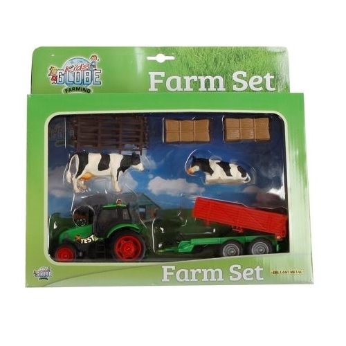 Kids Globe 510727 Boerderijset met tractor & aanhanger, koeien, hekjes en twee balen