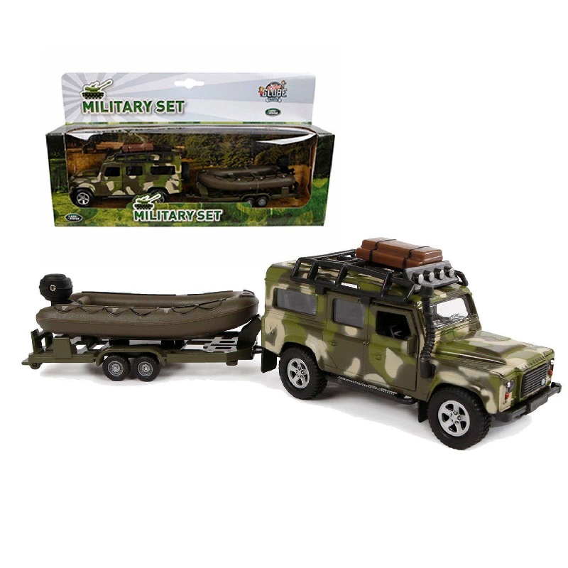 Kids Globe 520191 - Kids Globe 520191 Land Rover avec remorque avec coffre militaire moulé sous pression