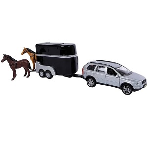 Volvo XC90 terreinwagen met paardentrailer en twee paarden