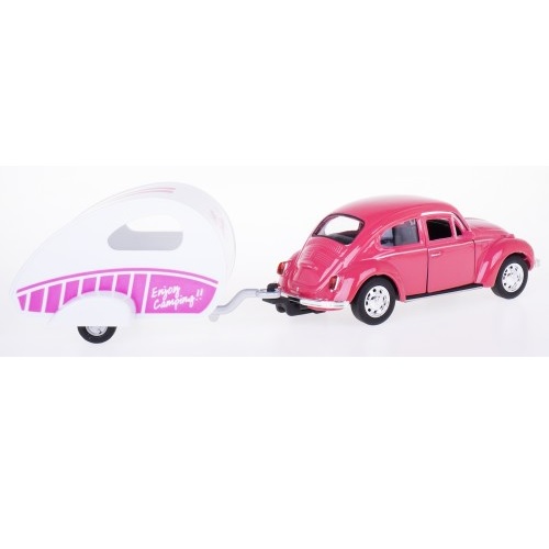 Welly Welly VW Coccinelle avec caravane roue libre rose