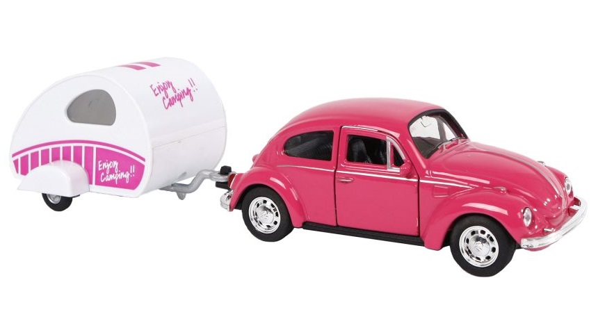 Welly 540372 - Welly VW Coccinelle avec caravane roue libre rose