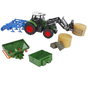 KG540479  Kids Globe 540479 Traktor-Set mit Traktor und diversem landwirtschaftlichen Zubehör 1:24 Das Kids Globe Traktor-Set ist ein sehr komplettes Spielset mit einem Spielzeugtraktor mit Ballenklammer, zwei Strohrollen und zwei Heuballen, einem Pflug, einer Sämaschine und einer Ladekiste. Die einzelnen Zubehörteile des Kids Globe Traktors sind austauschbar, sodass Sie zu jeder Jahreszeit auf Ihrem Spielzeugbauernhof arbeiten können. Dieses Set von Kids Globe ist im Maßstab 1:24 und passt daher gut zu Spielzeugen von beispielsweise Schleich oder Playmobil, aber auch zu den Bauernhöfen und Pferdeställen von Kids Globe selbst.