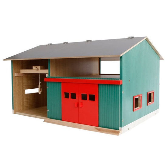 KG610816 Kidsglobe Werkstatt mit roter Schiebetür 1:32 Der Stall ist für Spielzeugtraktoren im Maßstab 1:32 geeignet. Die Schiebetür der Werkstatt kann geöffnet werden. Die Dachplatte kann aufklappbar sein.