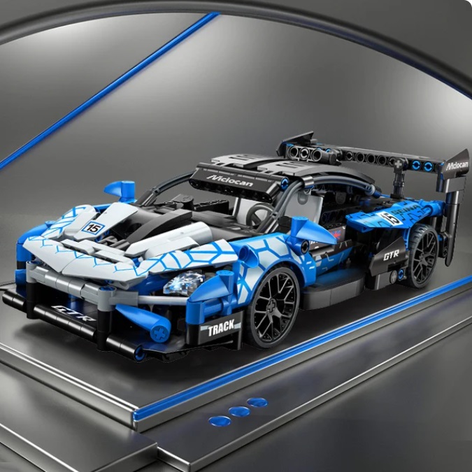 Bruder 00015 Bouwblokjes blauwe super sportauto, 452 steentjes, met pullback motor, compatible met LEGO