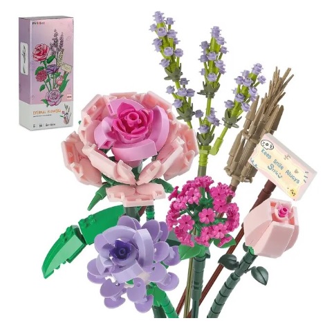 bouwblokjes Bloemenboeket Mini roze roos lavendel, compatible met Lego, 547 steentjes