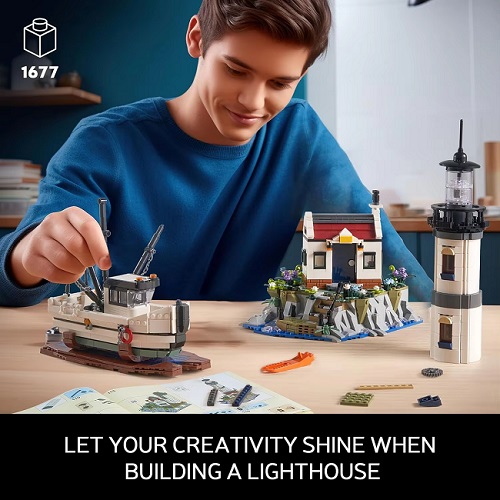  Blocs de construction phare au bord de la mer, avec bateau de pêche, 1677 briques, compatible avec Lego