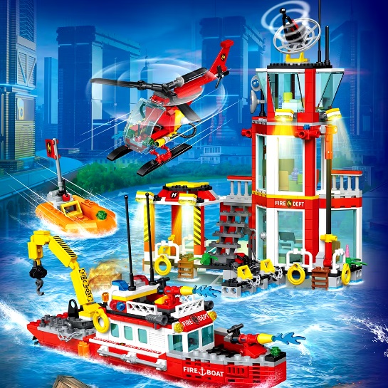  Blocs de construction caserne de pompiers du port avec bateaux de sauvetage et hélicoptère, 779 blocs, compatibles avec Lego