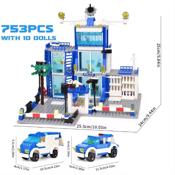   Blocs de construction commissariat de police avec voiture de police, voiture criminelle et 10 figurines, 753 blocs, compatibles avec Lego
