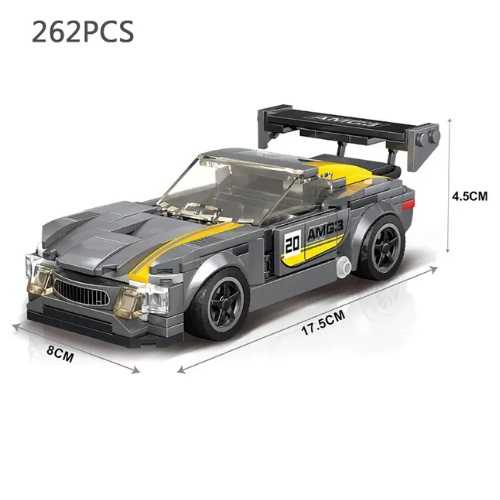 Bruder 50012 bouwpakket bouwsteentjes raceauto grijs-geel, compatible met Lego, 262 blokjes