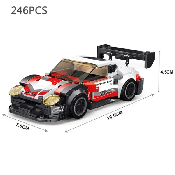 Bruder 50023 bouwpakket bouwsteentjes raceauto inclusief speelfiguur, compatible met Lego, 246 blokjes