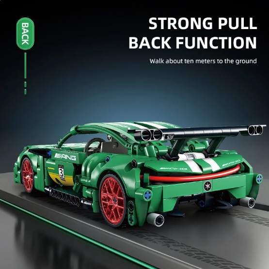eigen merk blocs de construction voiture de sport verte, basée sur la Mercedes AMG, 456 blocs, avec moteur pull-back, compatible avec LEGO