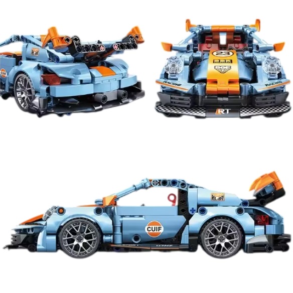  67116 -  bouwpakket bouwsteentjes blauw-oranje sportauto, compatible met Lego, 523 blokjes