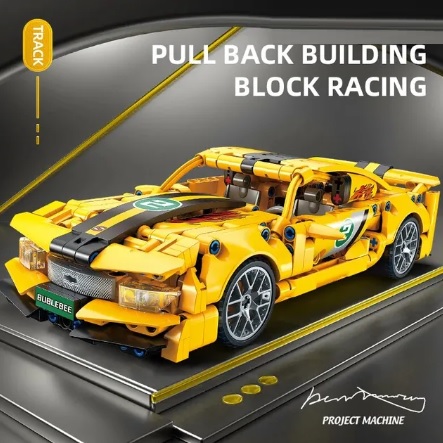 Bruder 67122 Bouwblokjes gele sportauto, met pull-back motor, 451 steentjes, compatible met LEGO