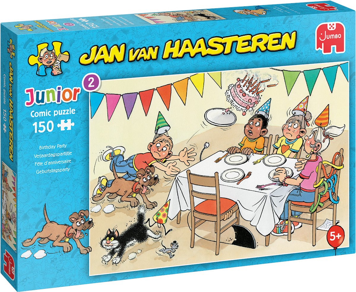 Puzzle Jan van Haasteren Junior: Fête d'anniversaire, 150 pièces Jan van Haasteren Junior fait découvrir aux enfants dès 5 ans le monde cocasse de ces célèbres puzzles. Ils font leurs premiers pas avec les illustrations humoristiques de Jan van Haasteren et progressent grâce aux différents nombres de pièces et niveaux de difficulté.
