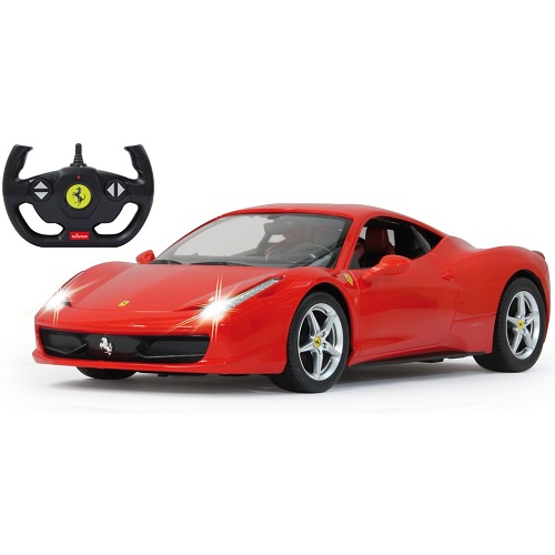 Ferrari 458 Italia télécommandée 1:14 rouge, avec télécommande 2,4 GHz Le rêve de conduire une belle Ferrari 458 Italia sportive peut désormais devenir réalité. Avec ce modèle de voiture de luxe sous licence officielle de Jamara, vous pouvez apporter le sentiment de posséder une Ferrari 458 Italia dans votre salon. Avec des feux de route à LED, un intérieur détaillé et des détails originaux parfaitement reproduits sur le châssis et la carrosserie, créés avec amour, les modèles réduits Ferrari contrôlables convainquent également par leur finition de haute qualité. Avec la télécommande ergonomique, vous tenez le centre de commande dans votre main, comme dans une vraie voiture de course, et atteignez des vitesses allant jusqu'à 11 km/h. Grâce à des commandes faciles à apprendre, le modèle peut faire exactement ce que vous lui dites de faire. Ainsi, sur vos genoux en ville sur le parquet de la chambre d'enfant, rien ne s'oppose au plaisir.<br><br>Tous les modèles JAMARA Deluxe Car sont peints par robot. Ce processus est unique aux véhicules immatriculés. Au lieu de simplement peindre du plastique, ce processus de peinture utilise une peinture basée sur la couleur d'origine du constructeur du véhicule.<br><br>En plus du design fidèle du véhicule, les véhicules sous licence à l'échelle 1:14 ont également un intérieur calqué sur l'original. Avec volant, tableau de bord et équipements comme la véritable Ferrari 458 Italia de cette marque. Tout a été soigné et exécuté dans les moindres détails.<br><br>Tout comme un vrai véhicule doté d'un équipement spécial, ce modèle dispose d'un feu de route à LED start-stop. Dès que le modèle démarre, les phares s'allument vivement. Lorsque la voiture s'arrête, les feux de route à LED s'éteignent à nouveau. Cette fonction permet d'économiser de l'énergie et prolonge la durée de conduite du modèle.<br><br>Nécessite 5 piles AA LR6 (alcalines) ou HR6 (NiMH), non incluses. Fonctions : avant/arrière, droite/gauche, stop.