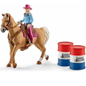 Schleich Barrel racing avec cowgirl Avec cet ensemble cool de Schleich avec cowgirl, cheval et deux tonneaux, vous vous imaginerez rapidement dans le vieil ouest sauvage.