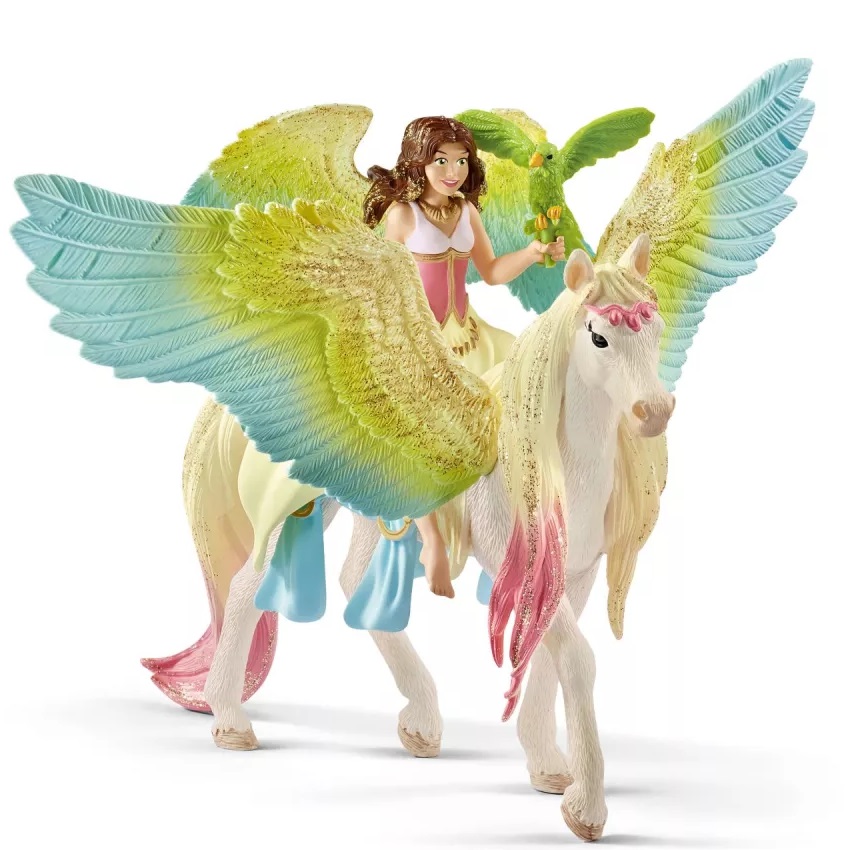 Schleich paarden 70566 Schleich Surah met Glitter Pegasus 70566 - Schleich eenhoorn Surah`s Pegasus is een magisch wezen. Zijn vleugels en manen weerspiegelen op magische wijze de kleuren van zijn vriend. Samen vliegen ze naar verre o...