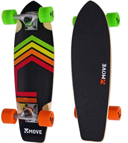 Move planche à roulette Ce skateboard de Move est adapté aux enfants. La planche à roulettes est noire, verte, orange et rouge et est faite de bois et d aluminium.