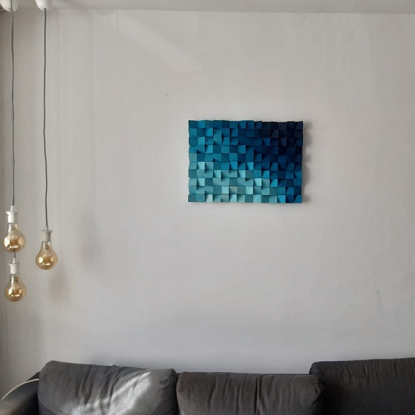 madetobedifferent Décoration murale en bois fait main 3D, nuances de bleu, 62 x 44,5 cm