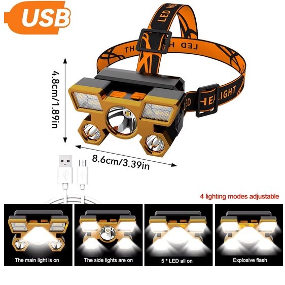  000044 -  Krachtige Oplaadbare LED-Hoofdzaklamp - 5kern LED Hoofdlamp - Lichtgewicht en Comfortabel - Ingebouwde Batterij - perfect voor Avontuurlijke activiteiten en Noodsituaties - Kleur Koplamp: Zwart/Goud 