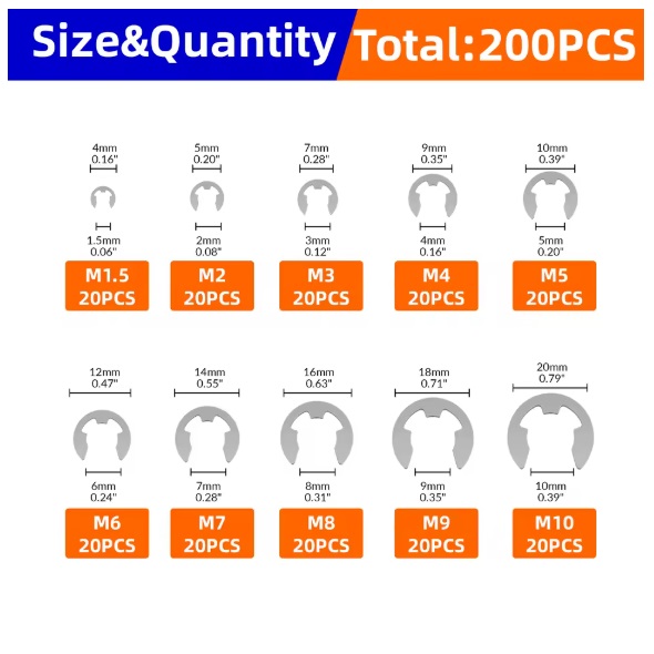  000060 -  borgring set 200 dlg | 200 e-clips rvs | e-ringen metaal | M1.5, M2, M3, M4, M5, M6, M7, M8, M9, M10 20st per maat | borgringen roestvrij staal