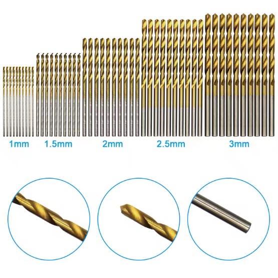 000067 -  50 stuks titanium plated spiraalboor set 1-3mm kleine boortjes - elektrische boor boren set voor o.a. houtbewerking, aluminium, boren en openingsgereedschap