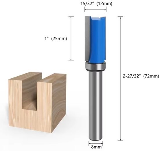  000070 Kantenfrees met geleider 12x25x8mm - kantfrees voor hout - sjablonen frees - uitloopfrees met geleider - ideale frees voor volgen van sjablonen - tungsten carbonide frees 