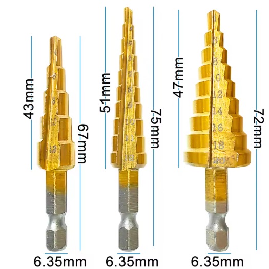  000077 -  3 Delige - HSS Stappenboor Bit Set - Titanium Coating - stappenboor Set - Trapgatboor - Gaten Boor - Inclusief Opslag Etui - Geschikt Voor Houtbewerking En Metaal - 3-12 mm / 4-12 mm / 4-20 mm