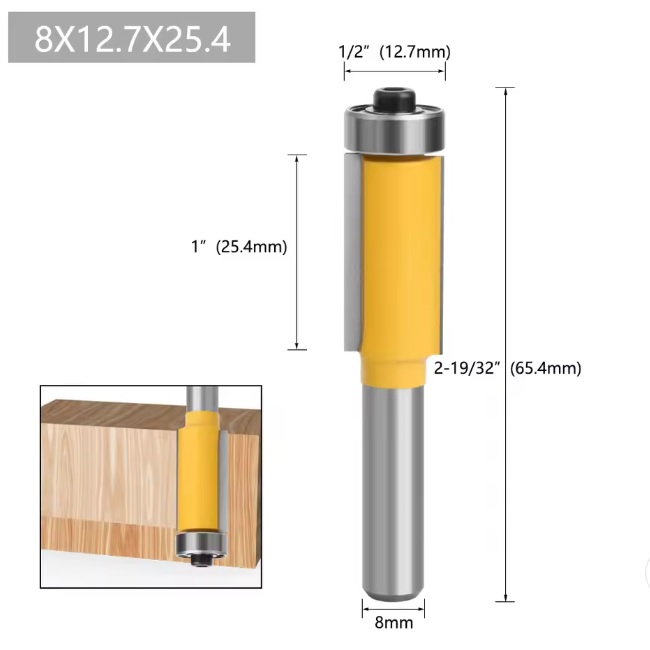  000080 Kantenfrees met geleider 12x25x8mm - kantfrees voor hout - sjablonen frees - uitloopfrees met kopse geleider - ideale frees voor volgen van sjablonen - tungsten carbonide frees 